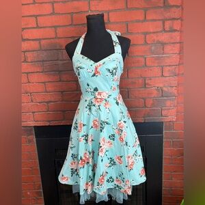 Hot Topic Mint Floral Halter Retro Rockabilly‎ Pinup Swing Dress Size XS